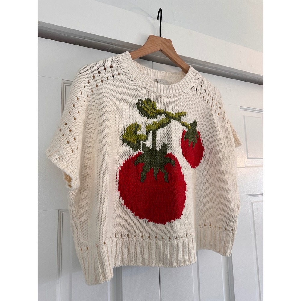 Anthropologie Maeve Crew Neck Tomato Veggie Motif Graphic Sweater Small Cream - Picture 3 of 6